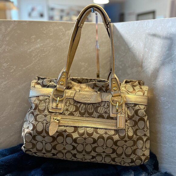 Coach Metallic Rose Gold Khaki Signature Penelope Leather Duffle Hobo Handbag - Picture 1 of 11